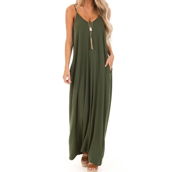 OLIVE green spaghetti strap maxi dress with pockets Extra Large XL - Picture 2 of 8